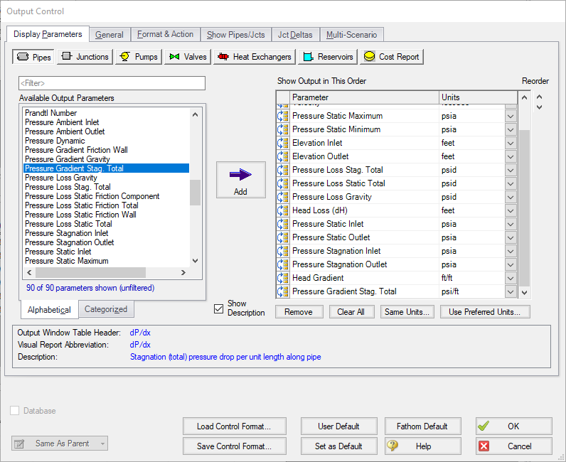 The Pipes section of the Output Control window.